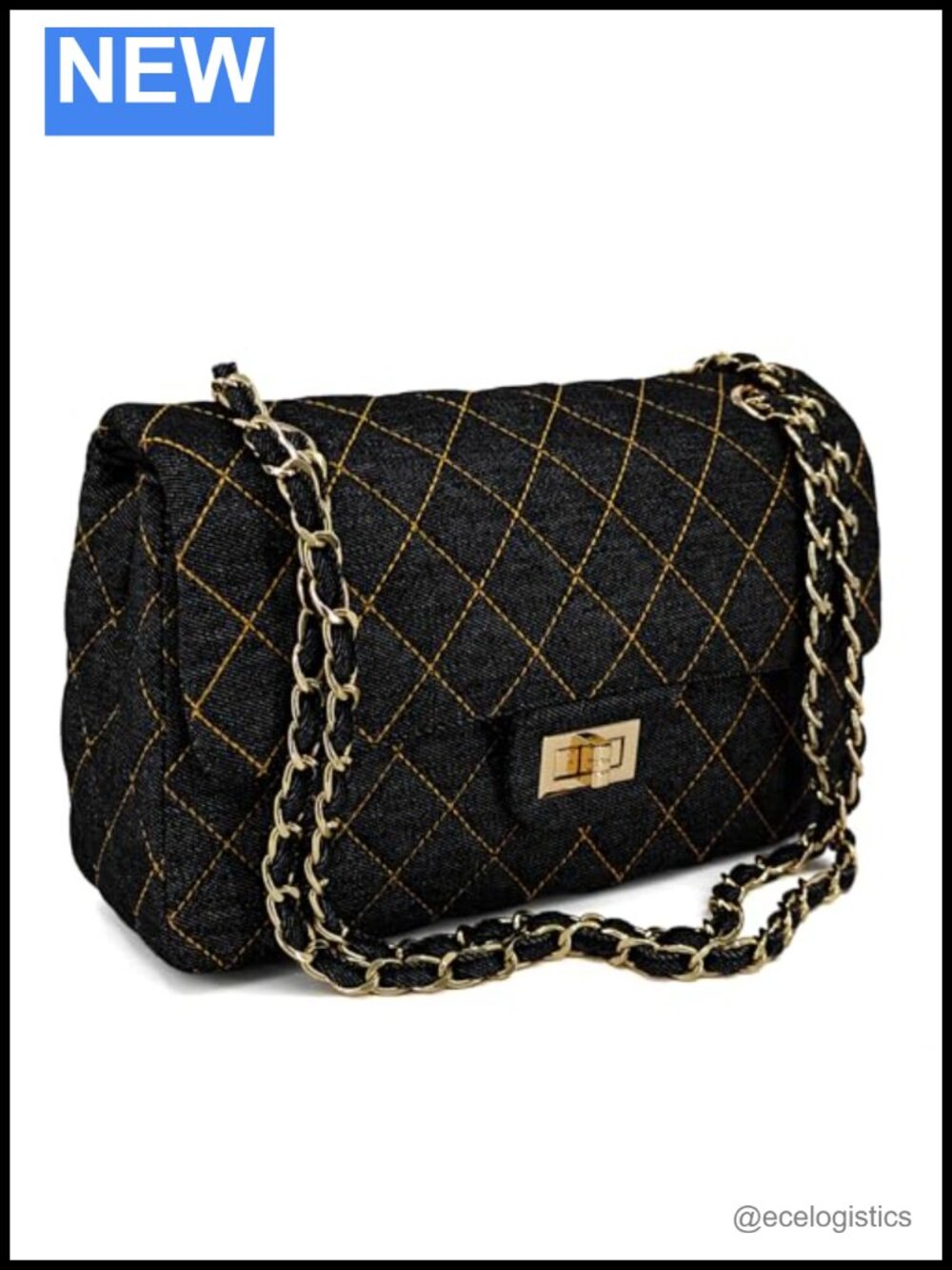 Quilted Denim Flap Shoulder Bag with Chain Strap